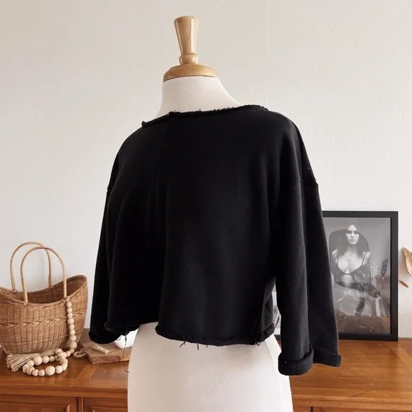 BLACK DISTRESSED CROPPED SWEATSHIRT TOP #0327 - Picture 3 of 8